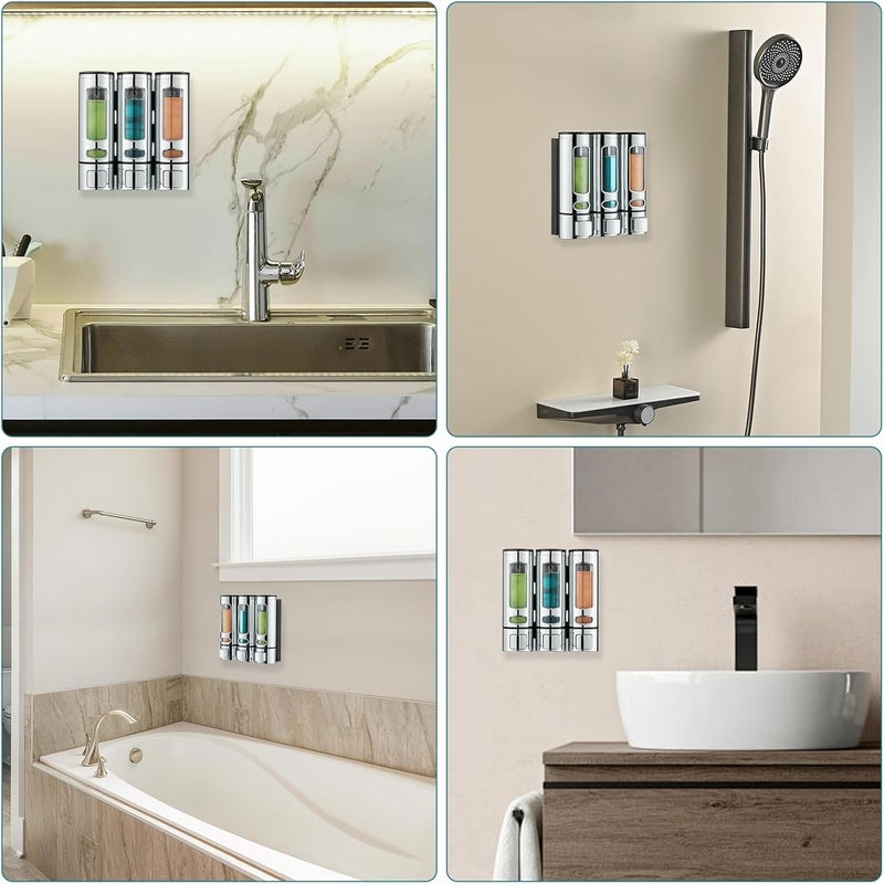 pollock Shampoo and Conditioner Dispenser,Shower Shampoo Dispenser 3 Chamber No Drilled Shampoo Dispenser for Shower Wall Mounted Shower Dispenser Body Wash Dispenser for Bathroom Kitchen Hotel,Chrome - Image 2